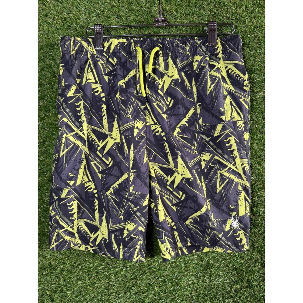 Spyder Men's L Swim Trunks Geometric Abstract Pattern Neon Yellow Black Shorts